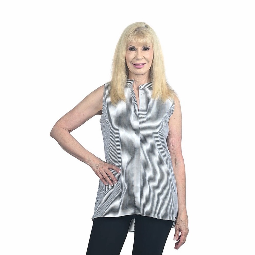 Tahari white and navy pinstripe button up sleeveless blouse size small